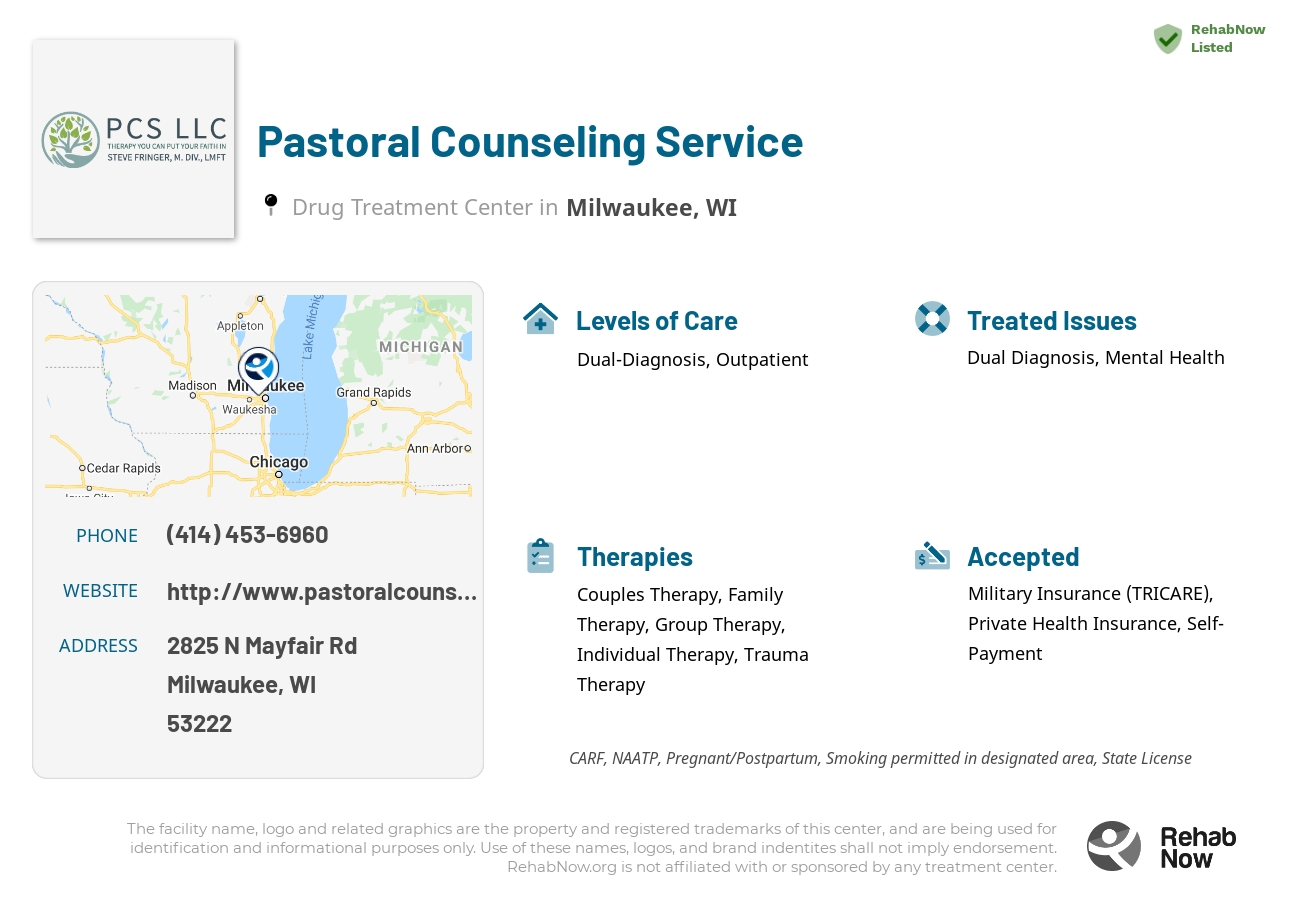 Helpful reference information for Pastoral Counseling Service, a drug treatment center in Wisconsin located at: 2825 N Mayfair Rd, Milwaukee, WI 53222, including phone numbers, official website, and more. Listed briefly is an overview of Levels of Care, Therapies Offered, Issues Treated, and accepted forms of Payment Methods.