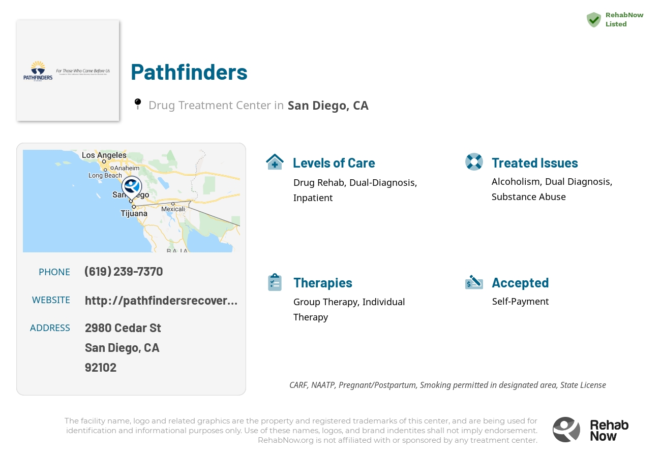 Helpful reference information for Pathfinders, a drug treatment center in California located at: 2980 Cedar St, San Diego, CA 92102, including phone numbers, official website, and more. Listed briefly is an overview of Levels of Care, Therapies Offered, Issues Treated, and accepted forms of Payment Methods.