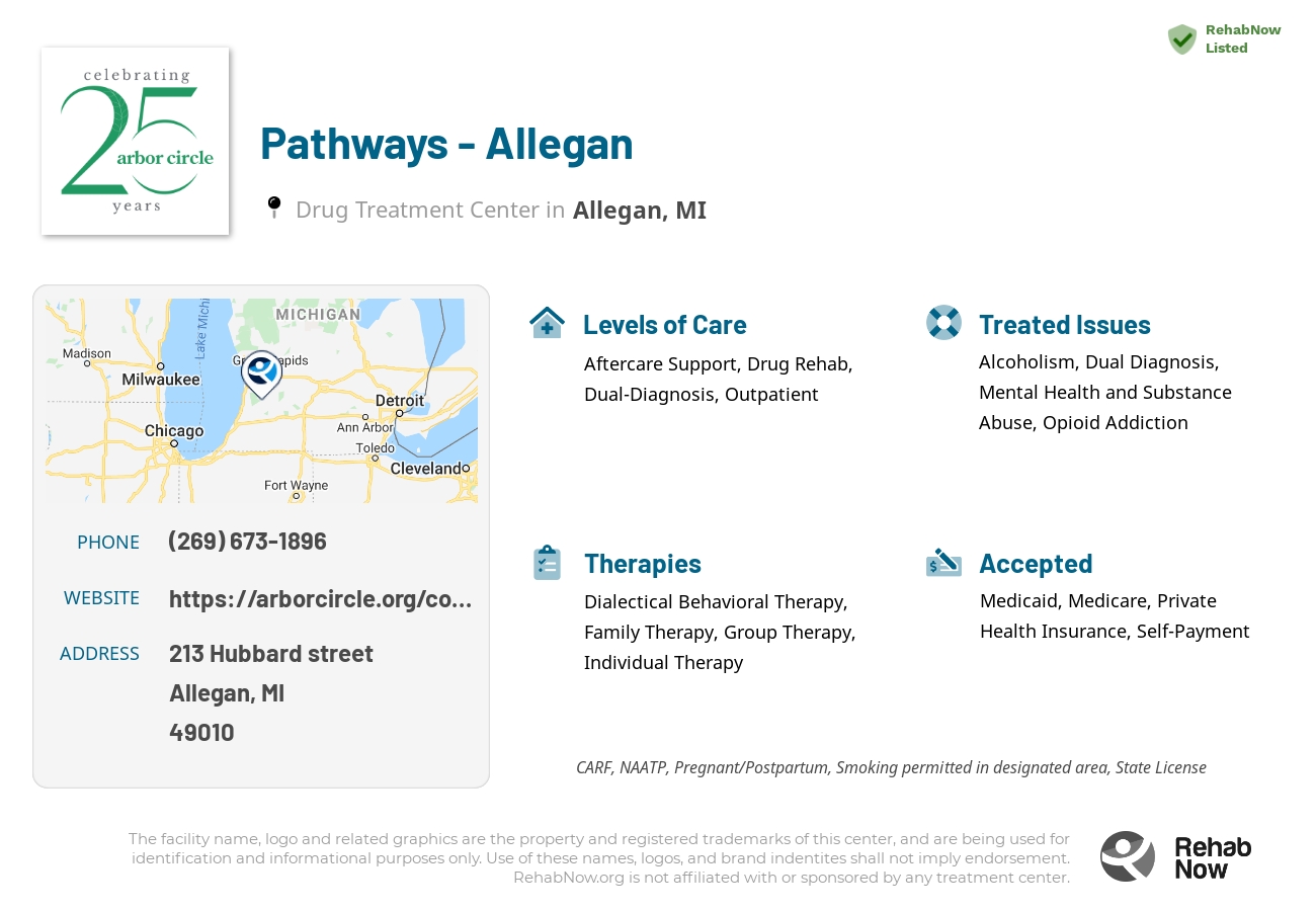 Helpful reference information for Pathways - Allegan, a drug treatment center in Michigan located at: 213 Hubbard street, Allegan, MI, 49010, including phone numbers, official website, and more. Listed briefly is an overview of Levels of Care, Therapies Offered, Issues Treated, and accepted forms of Payment Methods.