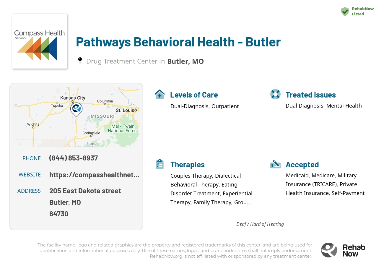 Helpful reference information for Pathways Behavioral Health - Butler, a drug treatment center in Missouri located at: 205 205 East Dakota street, Butler, MO 64730, including phone numbers, official website, and more. Listed briefly is an overview of Levels of Care, Therapies Offered, Issues Treated, and accepted forms of Payment Methods.