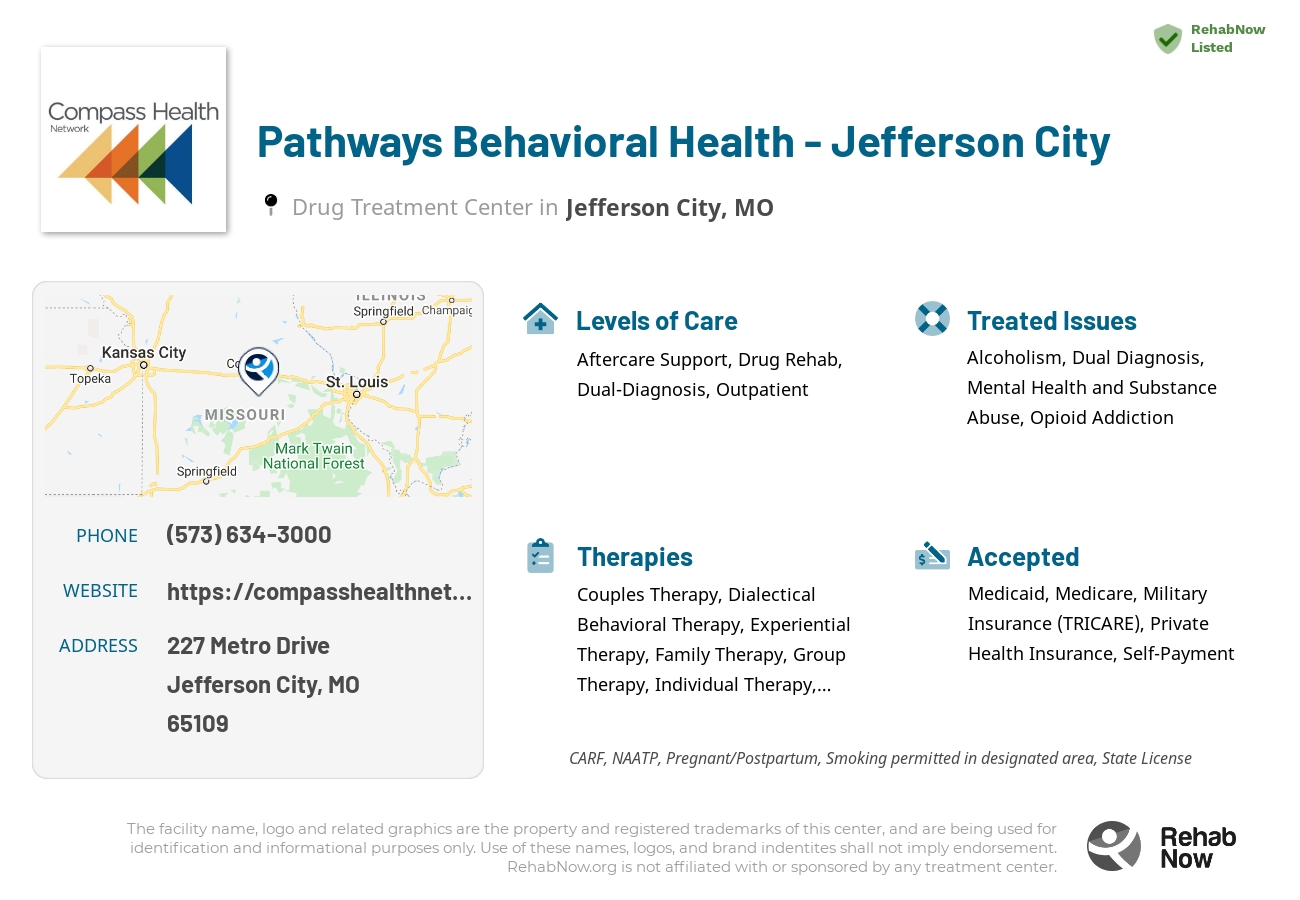 Helpful reference information for Pathways Behavioral Health - Jefferson City, a drug treatment center in Missouri located at: 227 227 Metro Drive, Jefferson City, MO 65109, including phone numbers, official website, and more. Listed briefly is an overview of Levels of Care, Therapies Offered, Issues Treated, and accepted forms of Payment Methods.