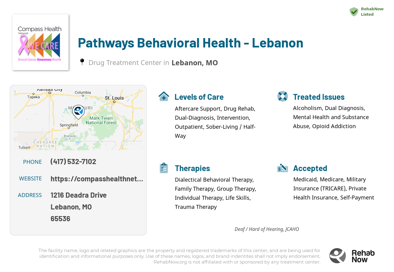 Helpful reference information for Pathways Behavioral Health - Lebanon, a drug treatment center in Missouri located at: 1216 Deadra Drive, Lebanon, MO, 65536, including phone numbers, official website, and more. Listed briefly is an overview of Levels of Care, Therapies Offered, Issues Treated, and accepted forms of Payment Methods.