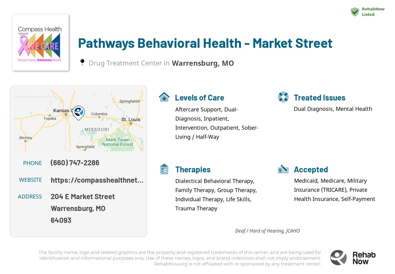 Helpful reference information for Pathways Behavioral Health - Market Street, a drug treatment center in Missouri located at: 204 E Market Street, Warrensburg, MO, 64093, including phone numbers, official website, and more. Listed briefly is an overview of Levels of Care, Therapies Offered, Issues Treated, and accepted forms of Payment Methods.