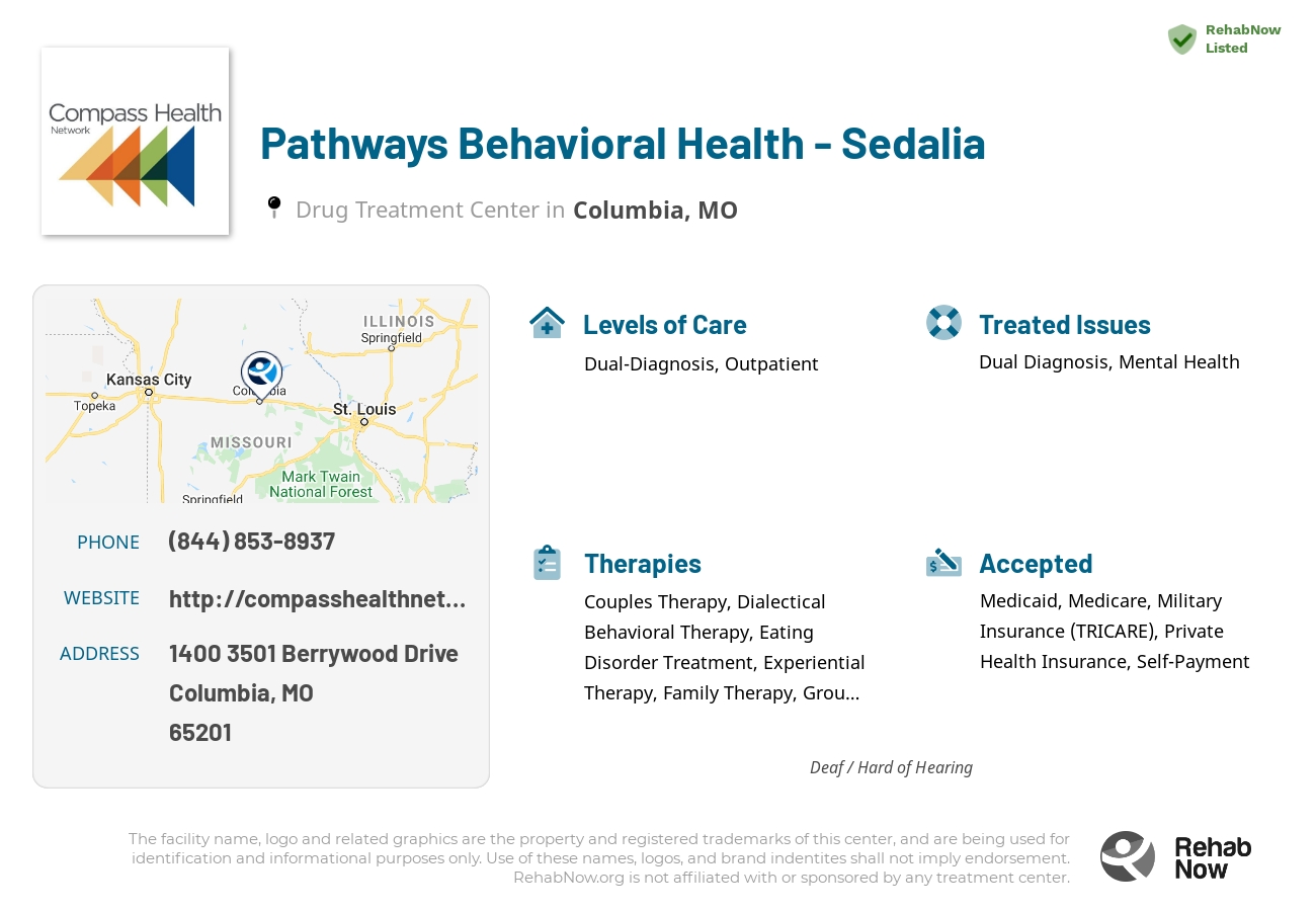 Helpful reference information for Pathways Behavioral Health - Sedalia, a drug treatment center in Missouri located at: 1400 3501 Berrywood Drive, Columbia, MO 65201, including phone numbers, official website, and more. Listed briefly is an overview of Levels of Care, Therapies Offered, Issues Treated, and accepted forms of Payment Methods.