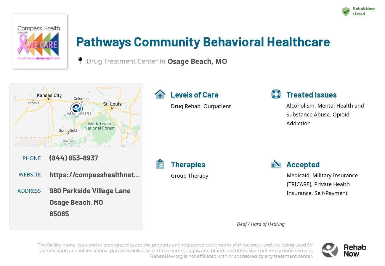 Helpful reference information for Pathways Community Behavioral Healthcare, a drug treatment center in Missouri located at: 980 Parkside Village Lane, Osage Beach, MO, 65065, including phone numbers, official website, and more. Listed briefly is an overview of Levels of Care, Therapies Offered, Issues Treated, and accepted forms of Payment Methods.