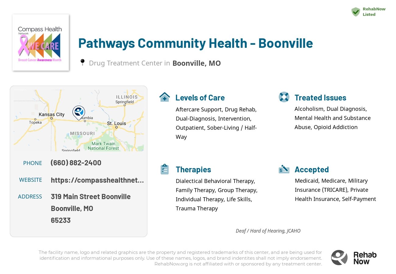 Helpful reference information for Pathways Community Health - Boonville, a drug treatment center in Missouri located at: 319 Main Street Boonville, Boonville, MO, 65233, including phone numbers, official website, and more. Listed briefly is an overview of Levels of Care, Therapies Offered, Issues Treated, and accepted forms of Payment Methods.