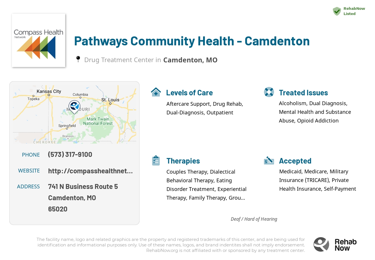 Helpful reference information for Pathways Community Health - Camdenton, a drug treatment center in Missouri located at: 741 N Business Route 5, Camdenton, MO 65020, including phone numbers, official website, and more. Listed briefly is an overview of Levels of Care, Therapies Offered, Issues Treated, and accepted forms of Payment Methods.
