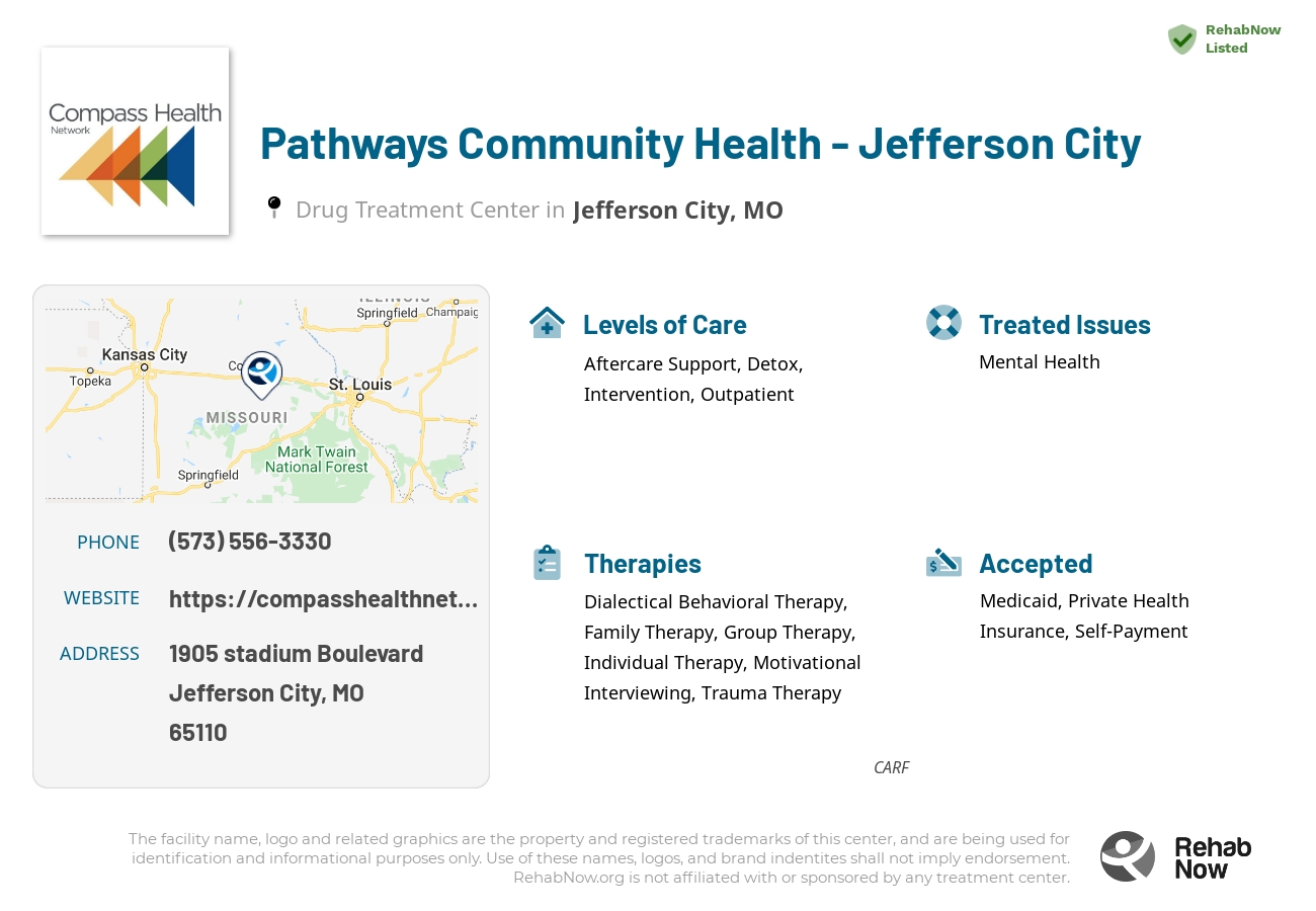 Helpful reference information for Pathways Community Health - Jefferson City, a drug treatment center in Missouri located at: 1905 1905 stadium Boulevard, Jefferson City, MO 65110, including phone numbers, official website, and more. Listed briefly is an overview of Levels of Care, Therapies Offered, Issues Treated, and accepted forms of Payment Methods.