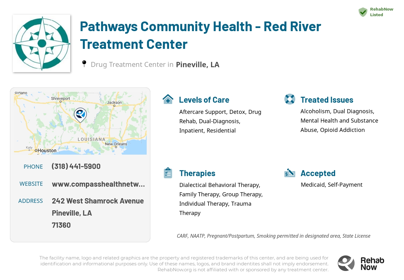 Helpful reference information for Pathways Community Health - Red River Treatment Center, a drug treatment center in Louisiana located at: 242 West Shamrock Avenue, Pineville, LA, 71360, including phone numbers, official website, and more. Listed briefly is an overview of Levels of Care, Therapies Offered, Issues Treated, and accepted forms of Payment Methods.