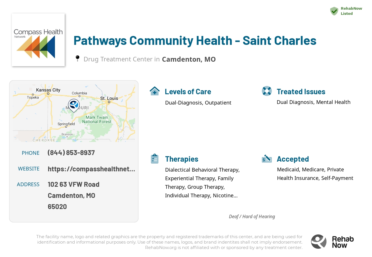 Helpful reference information for Pathways Community Health - Saint Charles, a drug treatment center in Missouri located at: 102 63 VFW Road, Camdenton, MO 65020, including phone numbers, official website, and more. Listed briefly is an overview of Levels of Care, Therapies Offered, Issues Treated, and accepted forms of Payment Methods.