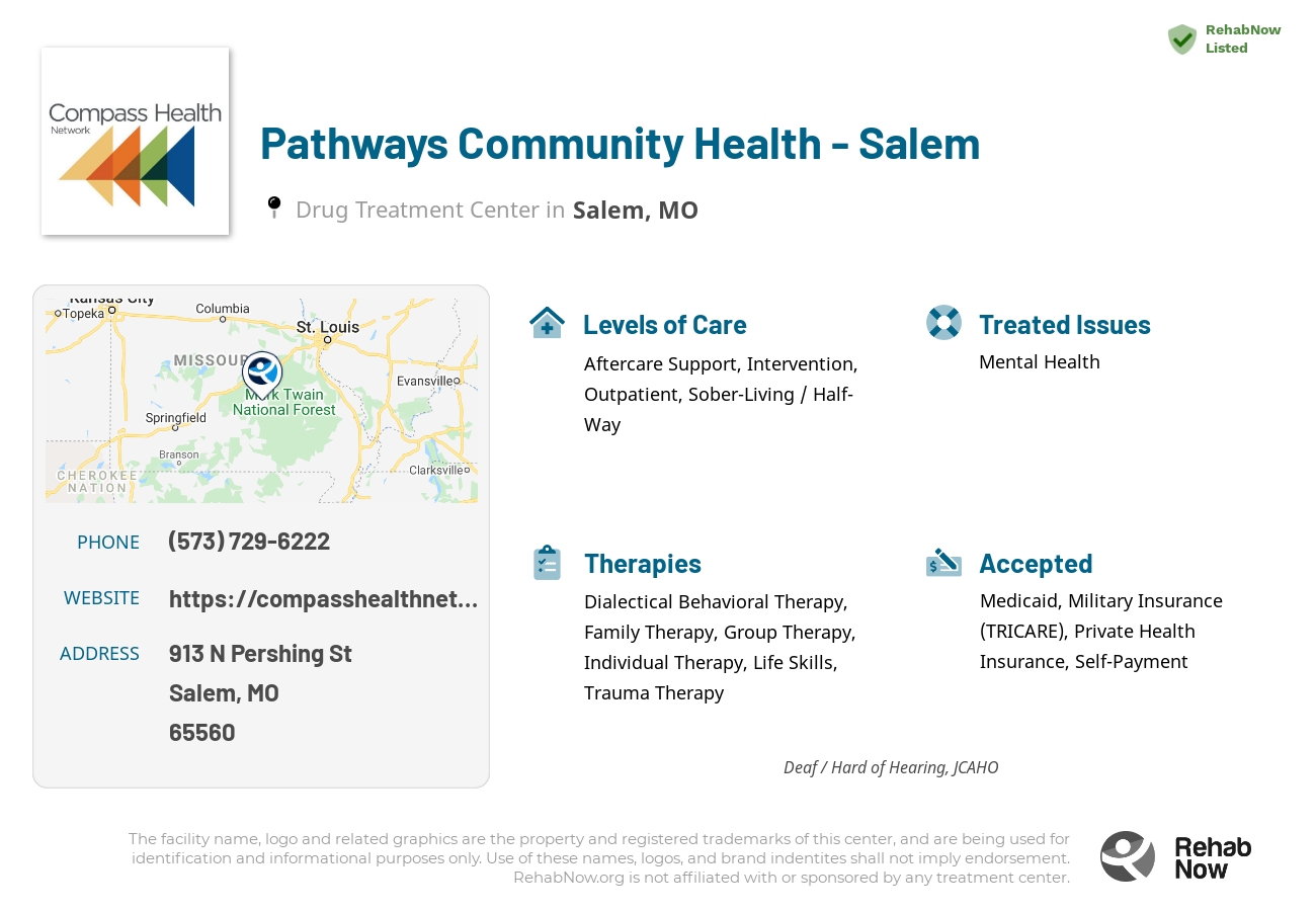 Helpful reference information for Pathways Community Health - Salem, a drug treatment center in Missouri located at: 913 N Pershing St, Salem, MO 65560, including phone numbers, official website, and more. Listed briefly is an overview of Levels of Care, Therapies Offered, Issues Treated, and accepted forms of Payment Methods.