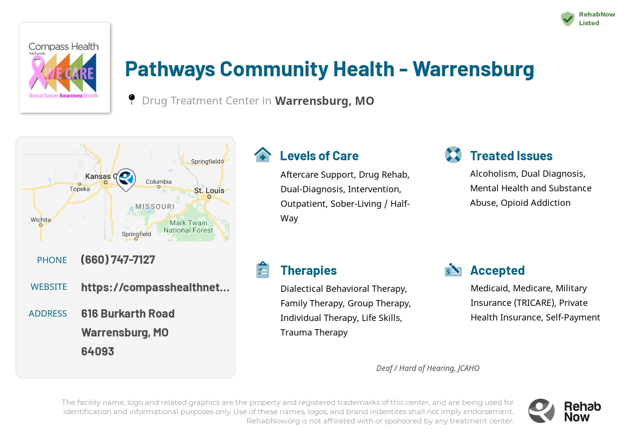 Helpful reference information for Pathways Community Health - Warrensburg, a drug treatment center in Missouri located at: 616 Burkarth Road, Warrensburg, MO, 64093, including phone numbers, official website, and more. Listed briefly is an overview of Levels of Care, Therapies Offered, Issues Treated, and accepted forms of Payment Methods.