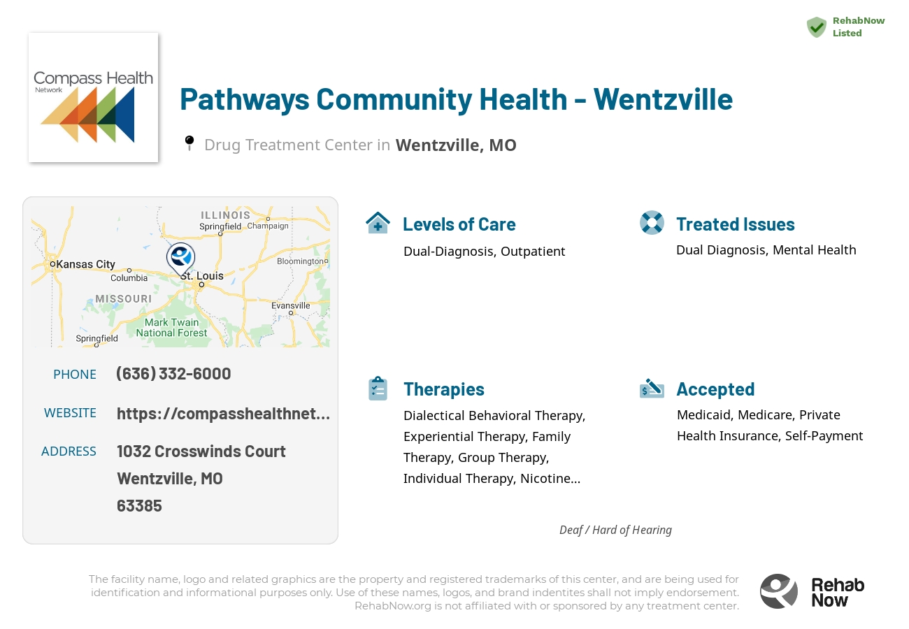 Helpful reference information for Pathways Community Health - Wentzville, a drug treatment center in Missouri located at: 1032 1032 Crosswinds Court, Wentzville, MO 63385, including phone numbers, official website, and more. Listed briefly is an overview of Levels of Care, Therapies Offered, Issues Treated, and accepted forms of Payment Methods.