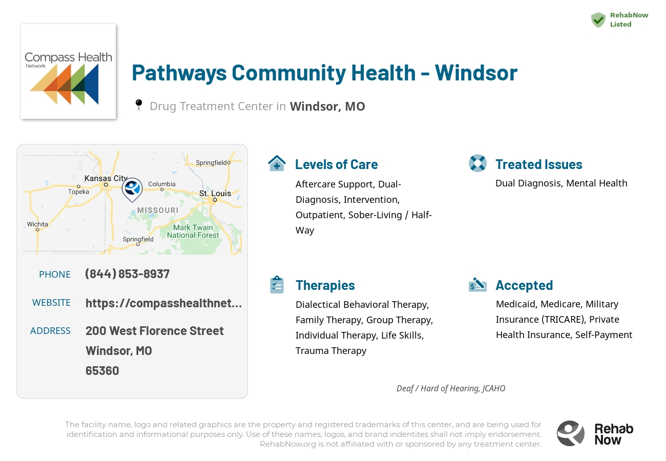 Helpful reference information for Pathways Community Health - Windsor, a drug treatment center in Missouri located at: 200 200 West Florence Street, Windsor, MO 65360, including phone numbers, official website, and more. Listed briefly is an overview of Levels of Care, Therapies Offered, Issues Treated, and accepted forms of Payment Methods.