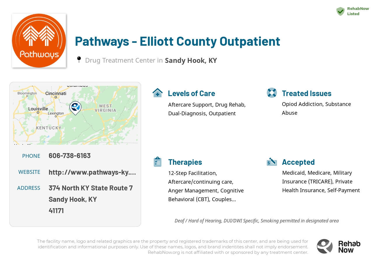 Helpful reference information for Pathways - Elliott County Outpatient, a drug treatment center in Kentucky located at: 374 North KY State Route 7, Sandy Hook, KY 41171, including phone numbers, official website, and more. Listed briefly is an overview of Levels of Care, Therapies Offered, Issues Treated, and accepted forms of Payment Methods.