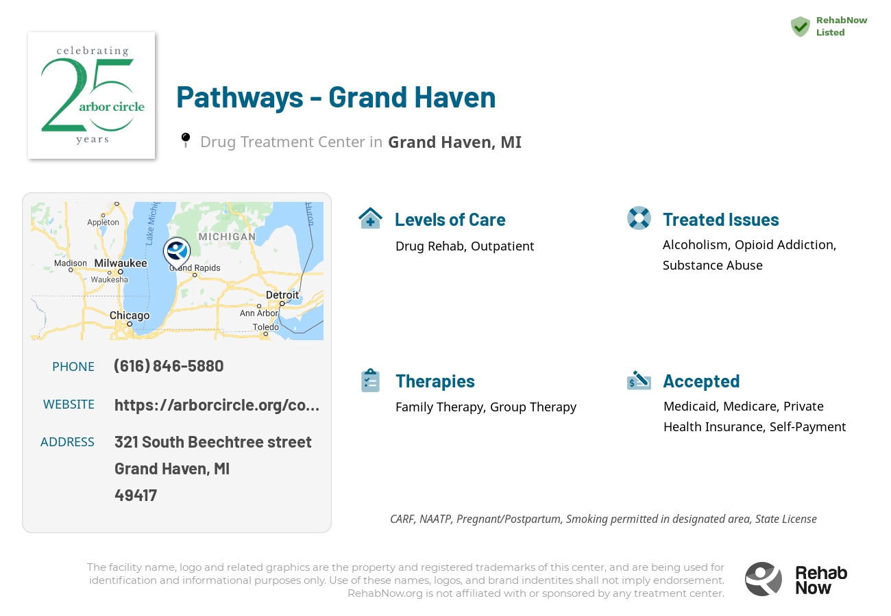 Helpful reference information for Pathways - Grand Haven, a drug treatment center in Michigan located at: 321 South Beechtree street, Grand Haven, MI, 49417, including phone numbers, official website, and more. Listed briefly is an overview of Levels of Care, Therapies Offered, Issues Treated, and accepted forms of Payment Methods.