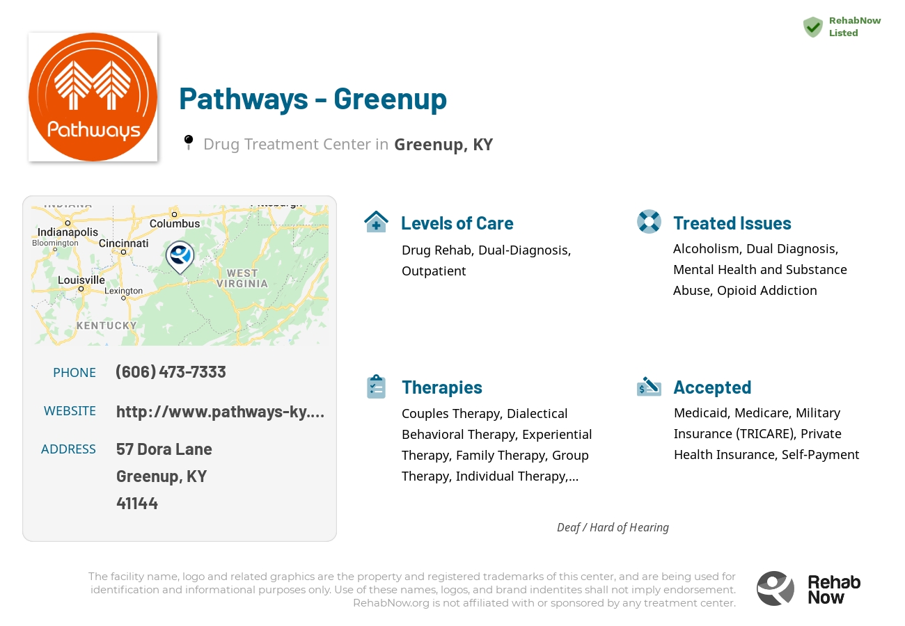 Helpful reference information for Pathways - Greenup, a drug treatment center in Kentucky located at: 57 Dora Lane, Greenup, KY, 41144, including phone numbers, official website, and more. Listed briefly is an overview of Levels of Care, Therapies Offered, Issues Treated, and accepted forms of Payment Methods.
