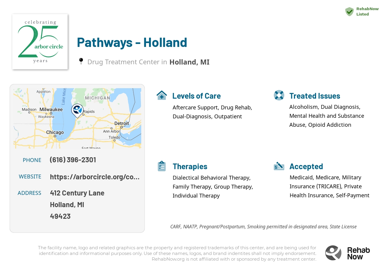 Helpful reference information for Pathways - Holland, a drug treatment center in Michigan located at: 412 Century Lane, Holland, MI, 49423, including phone numbers, official website, and more. Listed briefly is an overview of Levels of Care, Therapies Offered, Issues Treated, and accepted forms of Payment Methods.