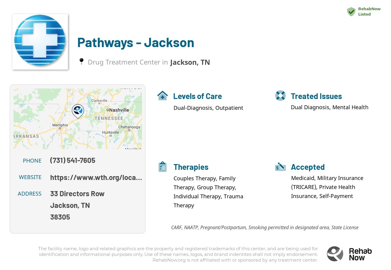 Helpful reference information for Pathways - Jackson, a drug treatment center in Tennessee located at: 33 Directors Row, Jackson, TN 38305, including phone numbers, official website, and more. Listed briefly is an overview of Levels of Care, Therapies Offered, Issues Treated, and accepted forms of Payment Methods.