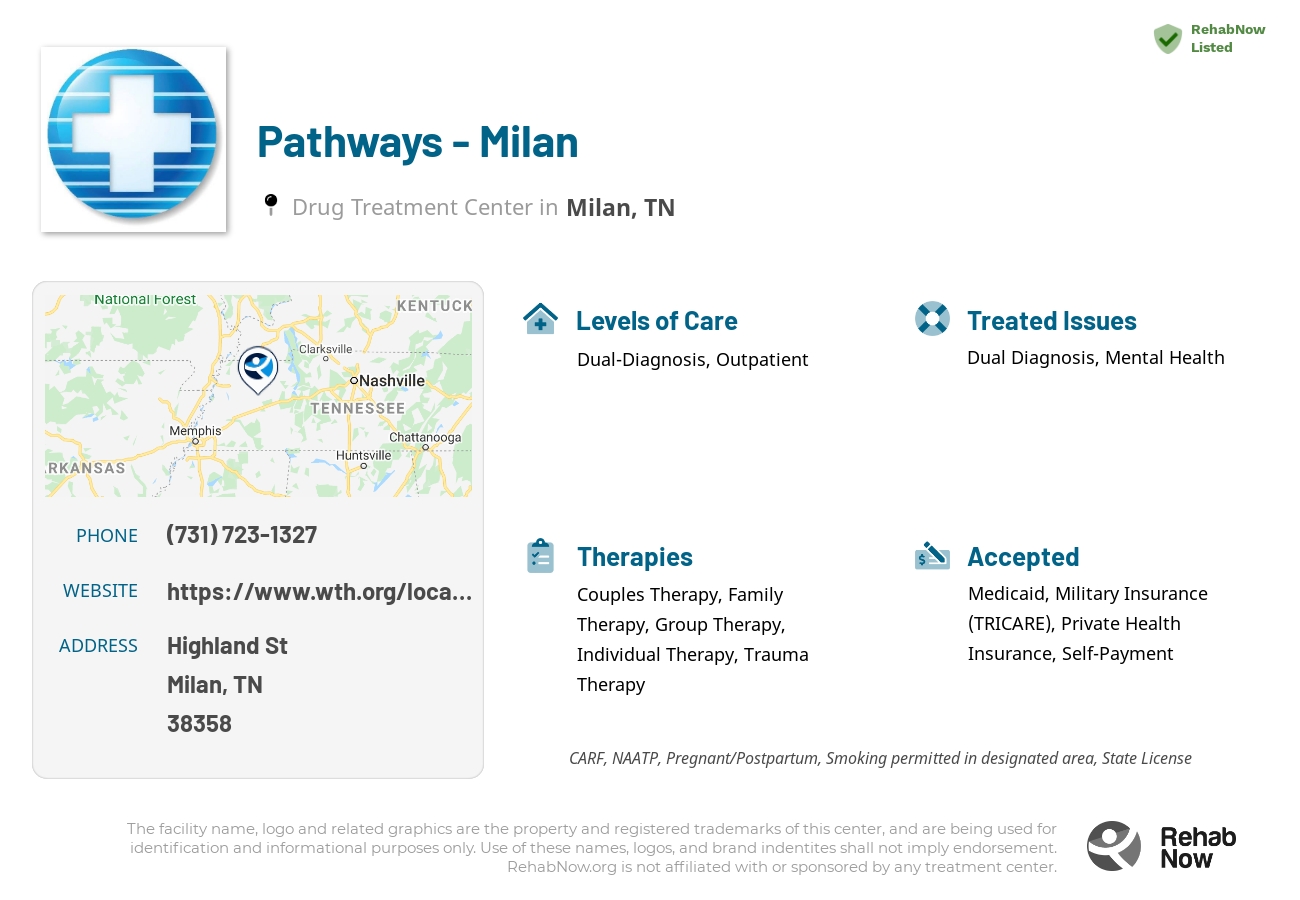 Helpful reference information for Pathways - Milan, a drug treatment center in Tennessee located at: Highland St, Milan, TN 38358, including phone numbers, official website, and more. Listed briefly is an overview of Levels of Care, Therapies Offered, Issues Treated, and accepted forms of Payment Methods.
