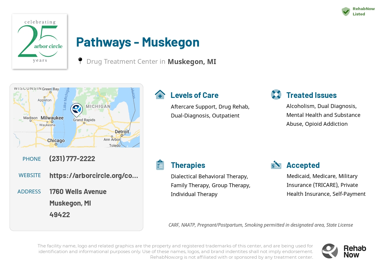 Helpful reference information for Pathways - Muskegon, a drug treatment center in Michigan located at: 1760 Wells Avenue, Muskegon, MI, 49422, including phone numbers, official website, and more. Listed briefly is an overview of Levels of Care, Therapies Offered, Issues Treated, and accepted forms of Payment Methods.