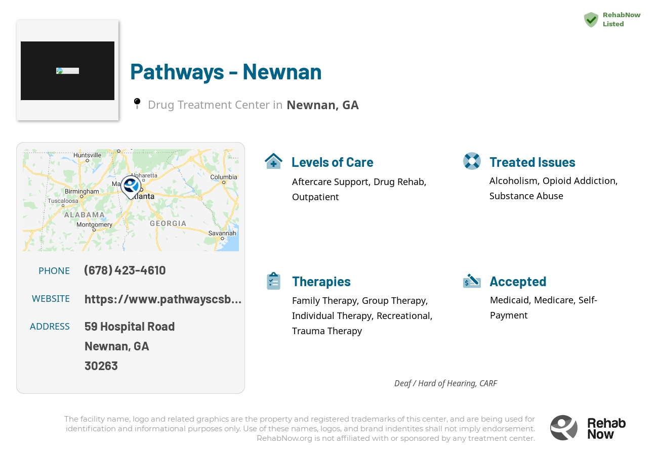 Helpful reference information for Pathways - Newnan, a drug treatment center in Georgia located at: 59 59 Hospital Road, Newnan, GA 30263, including phone numbers, official website, and more. Listed briefly is an overview of Levels of Care, Therapies Offered, Issues Treated, and accepted forms of Payment Methods.
