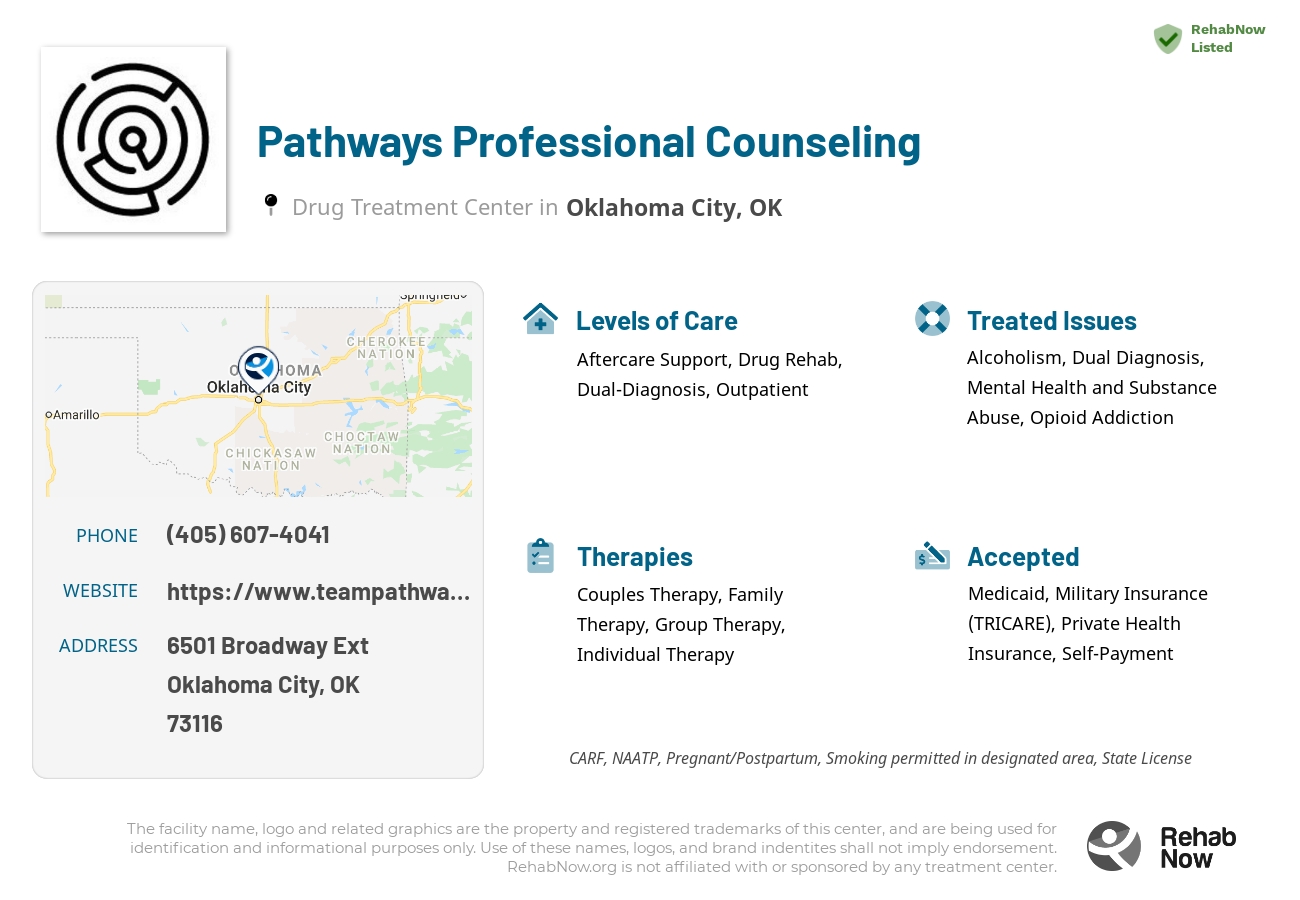 Helpful reference information for Pathways Professional Counseling, a drug treatment center in Oklahoma located at: 6501 Broadway Ext, Oklahoma City, OK 73116, including phone numbers, official website, and more. Listed briefly is an overview of Levels of Care, Therapies Offered, Issues Treated, and accepted forms of Payment Methods.