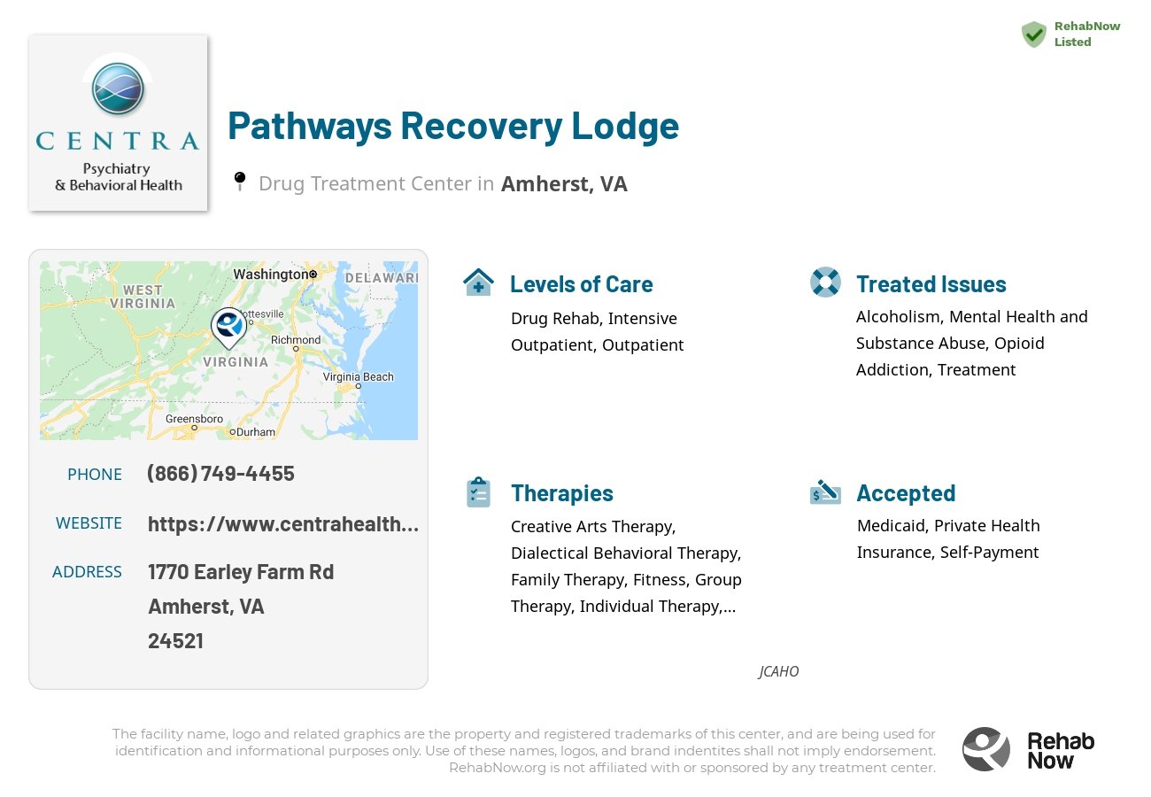 Helpful reference information for Pathways Recovery Lodge, a drug treatment center in Virginia located at: 1770 Earley Farm Rd, Amherst, VA 24521, including phone numbers, official website, and more. Listed briefly is an overview of Levels of Care, Therapies Offered, Issues Treated, and accepted forms of Payment Methods.