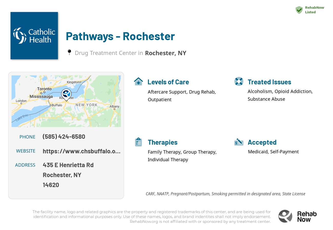 Helpful reference information for Pathways - Rochester, a drug treatment center in New York located at: 435 E Henrietta Rd, Rochester, NY 14620, including phone numbers, official website, and more. Listed briefly is an overview of Levels of Care, Therapies Offered, Issues Treated, and accepted forms of Payment Methods.