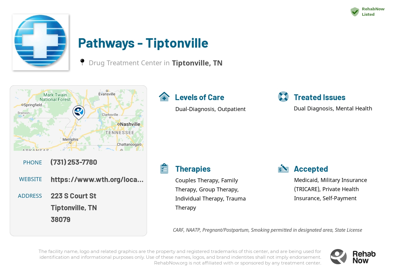Helpful reference information for Pathways - Tiptonville, a drug treatment center in Tennessee located at: 223 S Court St, Tiptonville, TN 38079, including phone numbers, official website, and more. Listed briefly is an overview of Levels of Care, Therapies Offered, Issues Treated, and accepted forms of Payment Methods.