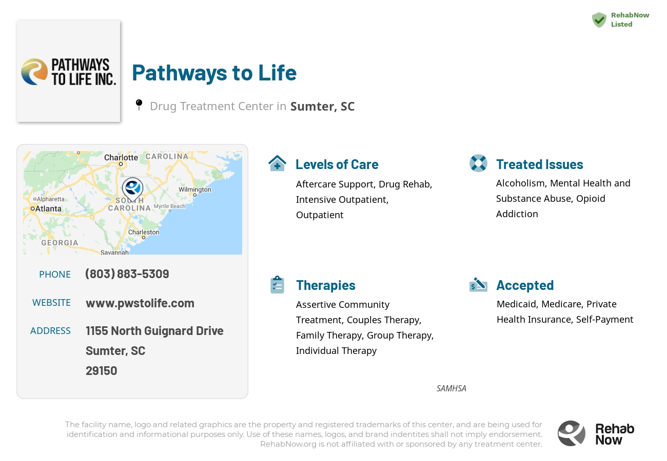 Helpful reference information for Pathways to Life, a drug treatment center in South Carolina located at: 1155 1155 North Guignard Drive, Sumter, SC 29150, including phone numbers, official website, and more. Listed briefly is an overview of Levels of Care, Therapies Offered, Issues Treated, and accepted forms of Payment Methods.