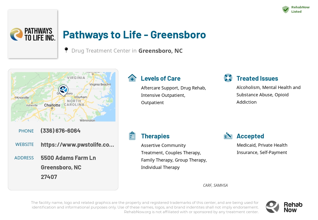 Helpful reference information for Pathways to Life - Greensboro, a drug treatment center in North Carolina located at: 5500 Adams Farm Ln, Greensboro, NC 27407, including phone numbers, official website, and more. Listed briefly is an overview of Levels of Care, Therapies Offered, Issues Treated, and accepted forms of Payment Methods.