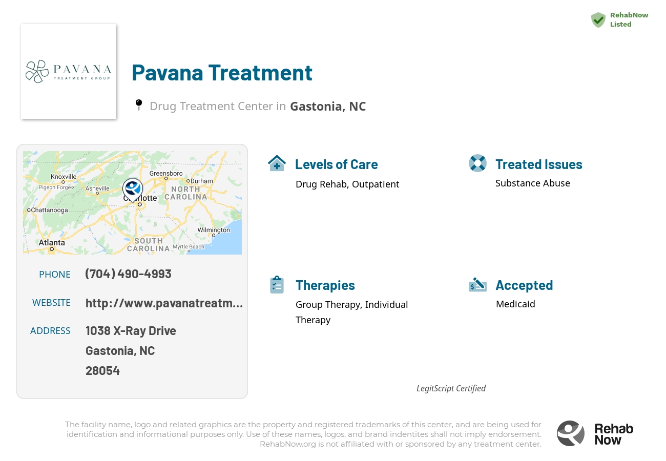 Helpful reference information for Pavana Treatment, a drug treatment center in North Carolina located at: 1038 X-Ray Drive, Gastonia, NC, 28054, including phone numbers, official website, and more. Listed briefly is an overview of Levels of Care, Therapies Offered, Issues Treated, and accepted forms of Payment Methods.