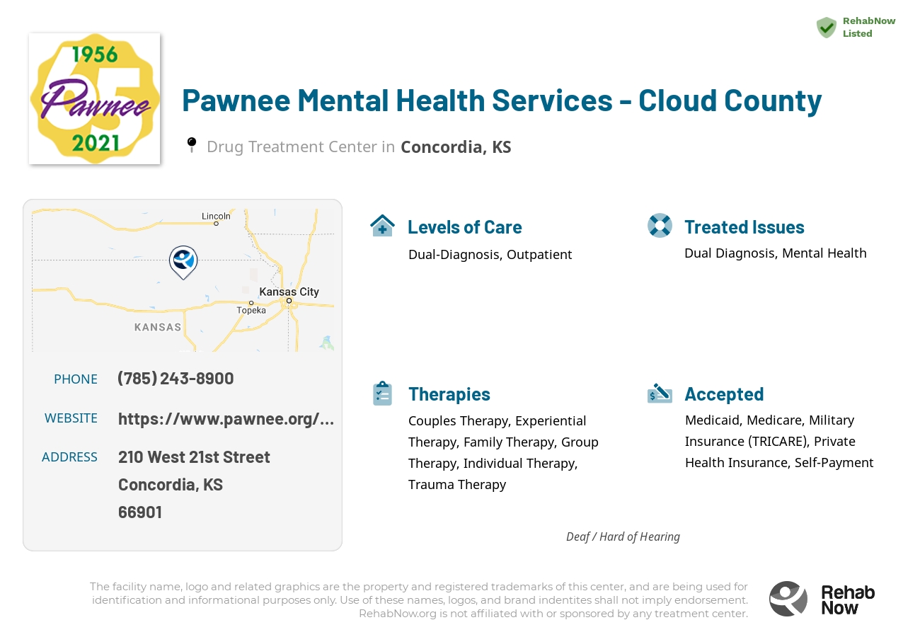 Helpful reference information for Pawnee Mental Health Services - Cloud County, a drug treatment center in Kansas located at: 210 210 West 21st Street, Concordia, KS 66901, including phone numbers, official website, and more. Listed briefly is an overview of Levels of Care, Therapies Offered, Issues Treated, and accepted forms of Payment Methods.