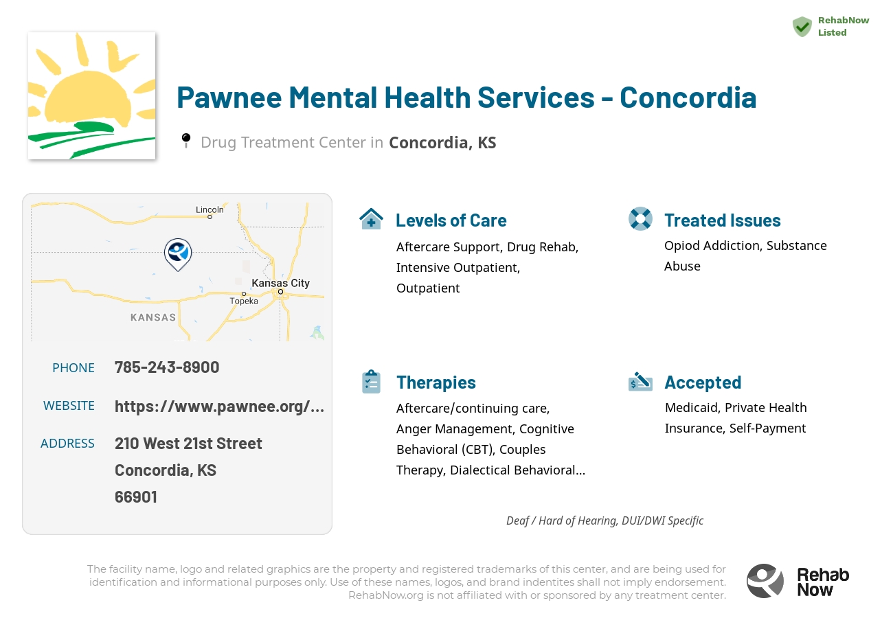 Helpful reference information for Pawnee Mental Health Services - Concordia, a drug treatment center in Kansas located at: 210 West 21st Street, Concordia, KS 66901, including phone numbers, official website, and more. Listed briefly is an overview of Levels of Care, Therapies Offered, Issues Treated, and accepted forms of Payment Methods.