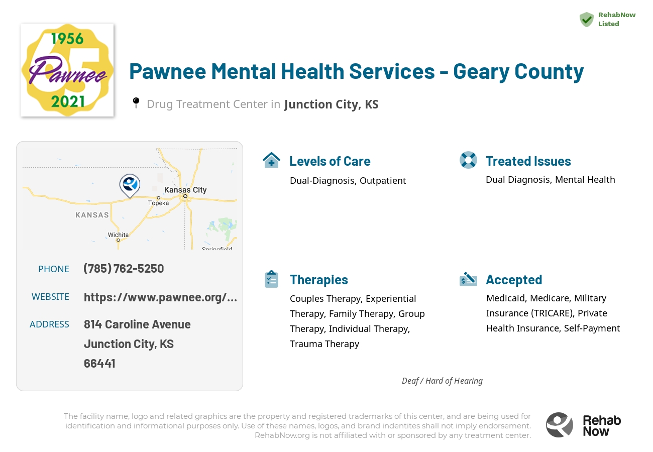 Helpful reference information for Pawnee Mental Health Services - Geary County, a drug treatment center in Kansas located at: 814 814 Caroline Avenue, Junction City, KS 66441, including phone numbers, official website, and more. Listed briefly is an overview of Levels of Care, Therapies Offered, Issues Treated, and accepted forms of Payment Methods.