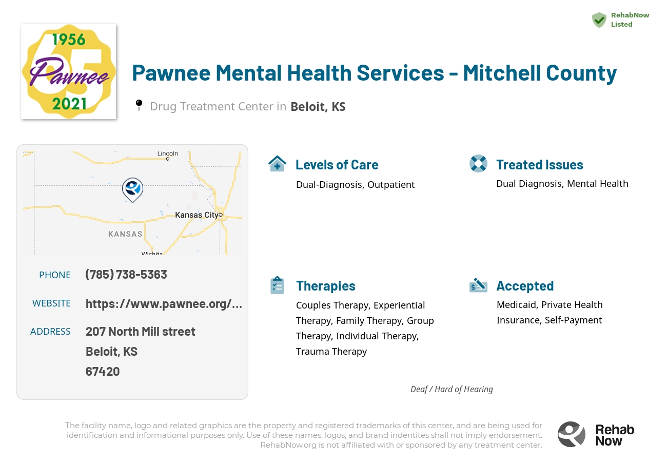 Helpful reference information for Pawnee Mental Health Services - Mitchell County, a drug treatment center in Kansas located at: 207 207 North Mill street, Beloit, KS 67420, including phone numbers, official website, and more. Listed briefly is an overview of Levels of Care, Therapies Offered, Issues Treated, and accepted forms of Payment Methods.