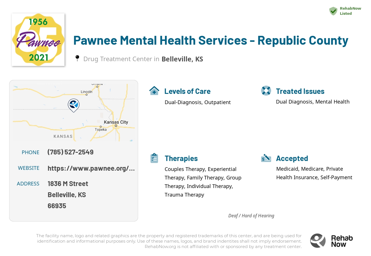 Helpful reference information for Pawnee Mental Health Services - Republic County, a drug treatment center in Kansas located at: 1836 1836 M Street, Belleville, KS 66935, including phone numbers, official website, and more. Listed briefly is an overview of Levels of Care, Therapies Offered, Issues Treated, and accepted forms of Payment Methods.