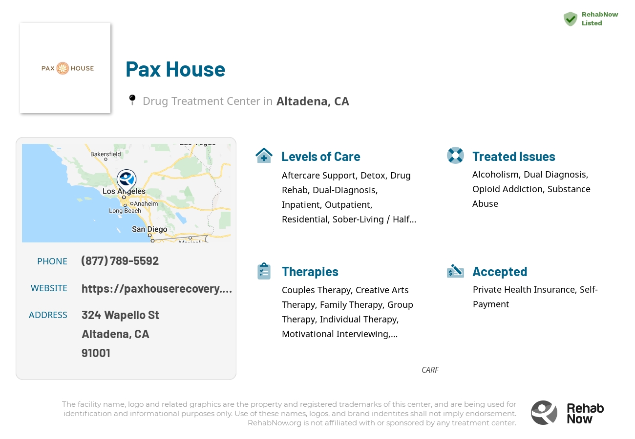 Helpful reference information for Pax House, a drug treatment center in California located at: 324 Wapello St, Altadena, CA 91001, including phone numbers, official website, and more. Listed briefly is an overview of Levels of Care, Therapies Offered, Issues Treated, and accepted forms of Payment Methods.