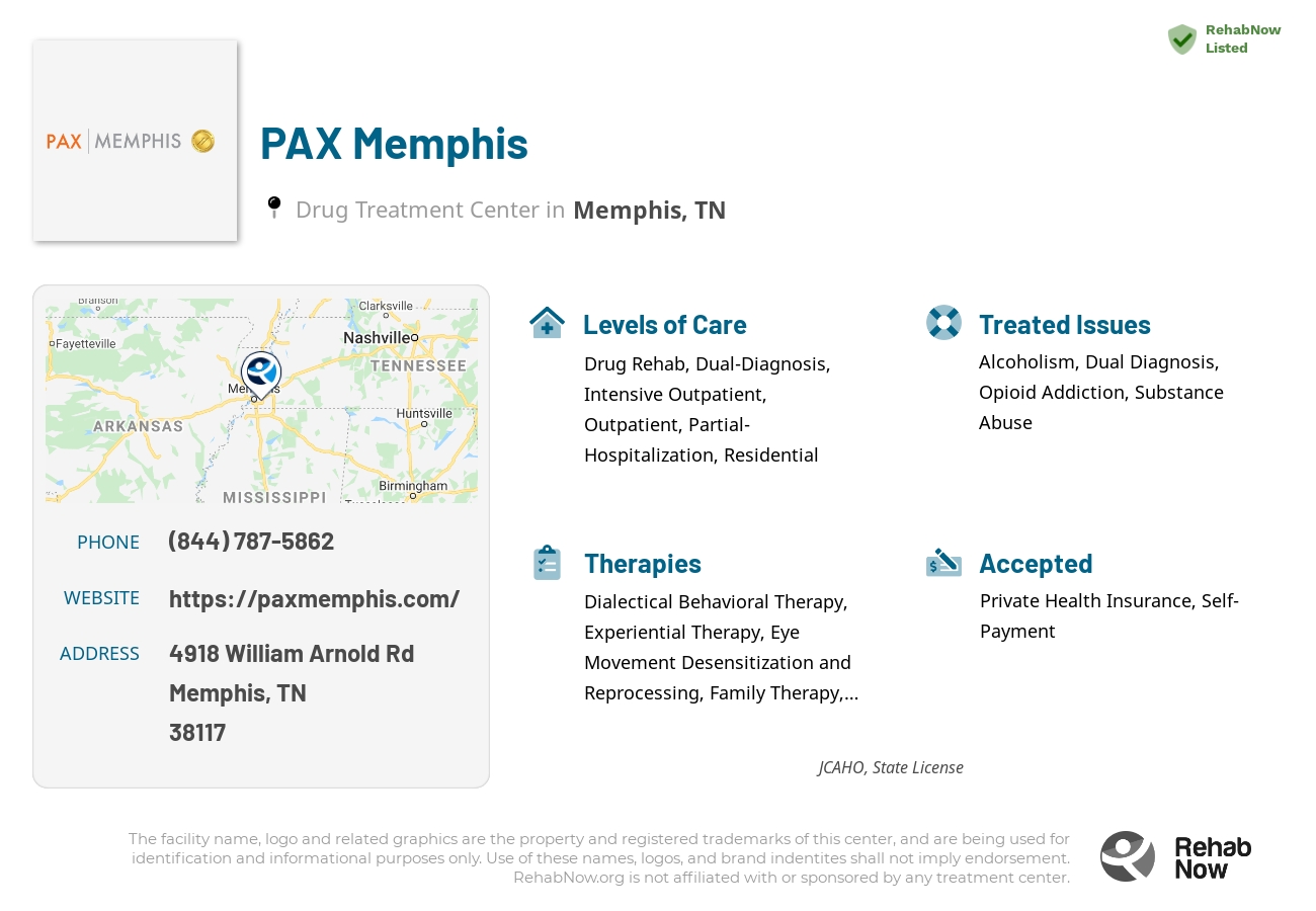 Helpful reference information for PAX Memphis, a drug treatment center in Tennessee located at: 4918 William Arnold Rd, Memphis, TN 38117, including phone numbers, official website, and more. Listed briefly is an overview of Levels of Care, Therapies Offered, Issues Treated, and accepted forms of Payment Methods.