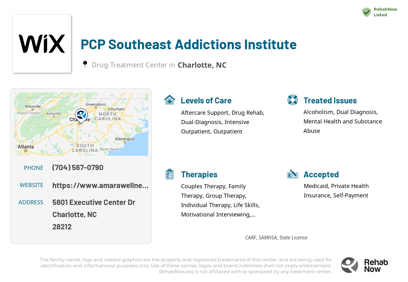 Helpful reference information for PCP Southeast Addictions Institute, a drug treatment center in North Carolina located at: 5801 Executive Center Dr, Charlotte, NC 28212, including phone numbers, official website, and more. Listed briefly is an overview of Levels of Care, Therapies Offered, Issues Treated, and accepted forms of Payment Methods.