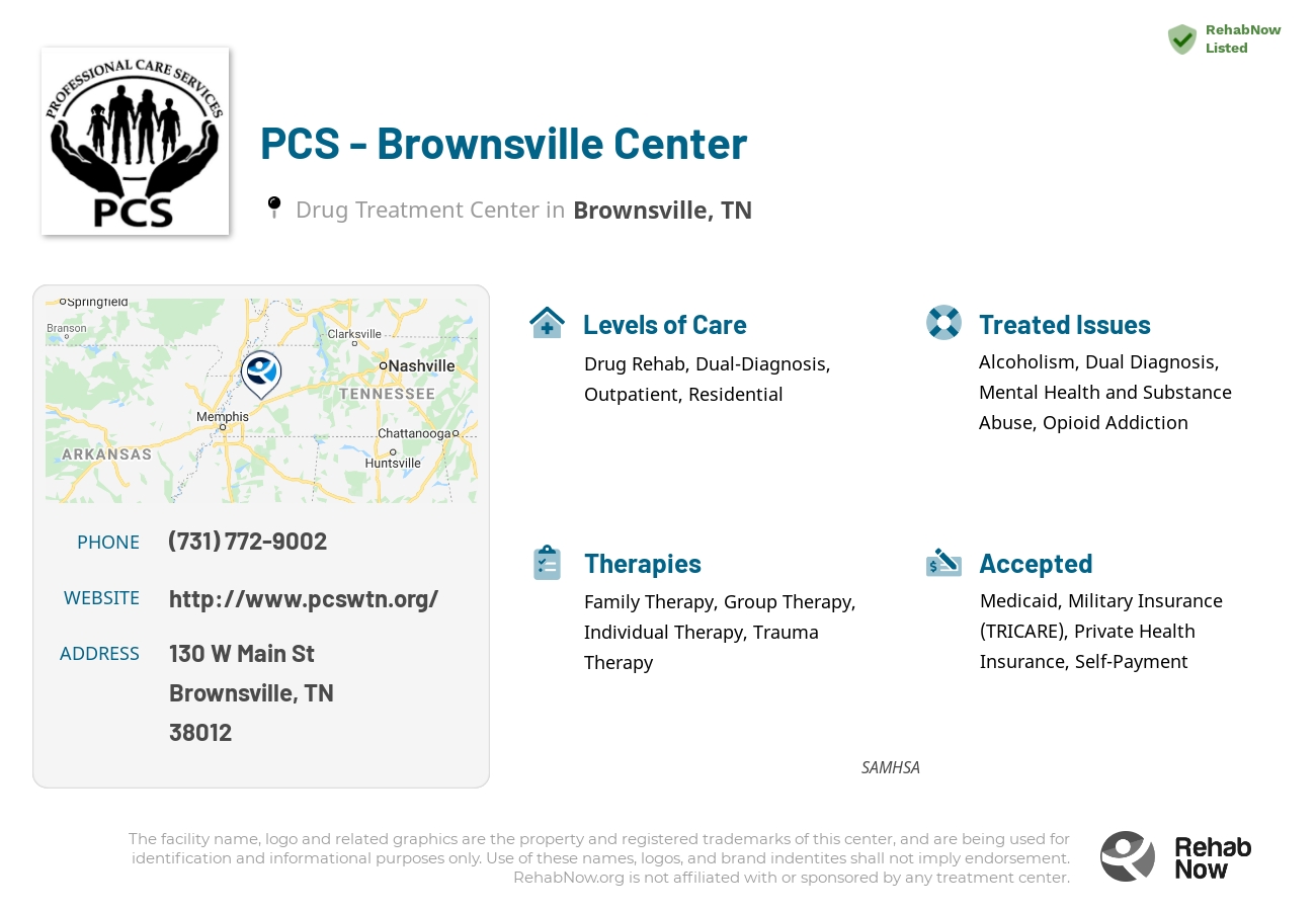 Helpful reference information for PCS - Brownsville Center, a drug treatment center in Tennessee located at: 130 W Main St, Brownsville, TN 38012, including phone numbers, official website, and more. Listed briefly is an overview of Levels of Care, Therapies Offered, Issues Treated, and accepted forms of Payment Methods.