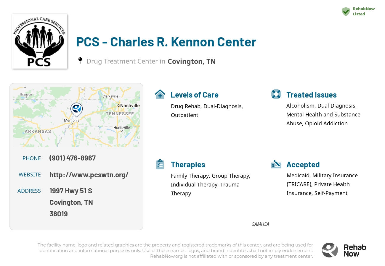 Helpful reference information for PCS - Charles R. Kennon Center, a drug treatment center in Tennessee located at: 1997 Hwy 51 S, Covington, TN 38019, including phone numbers, official website, and more. Listed briefly is an overview of Levels of Care, Therapies Offered, Issues Treated, and accepted forms of Payment Methods.