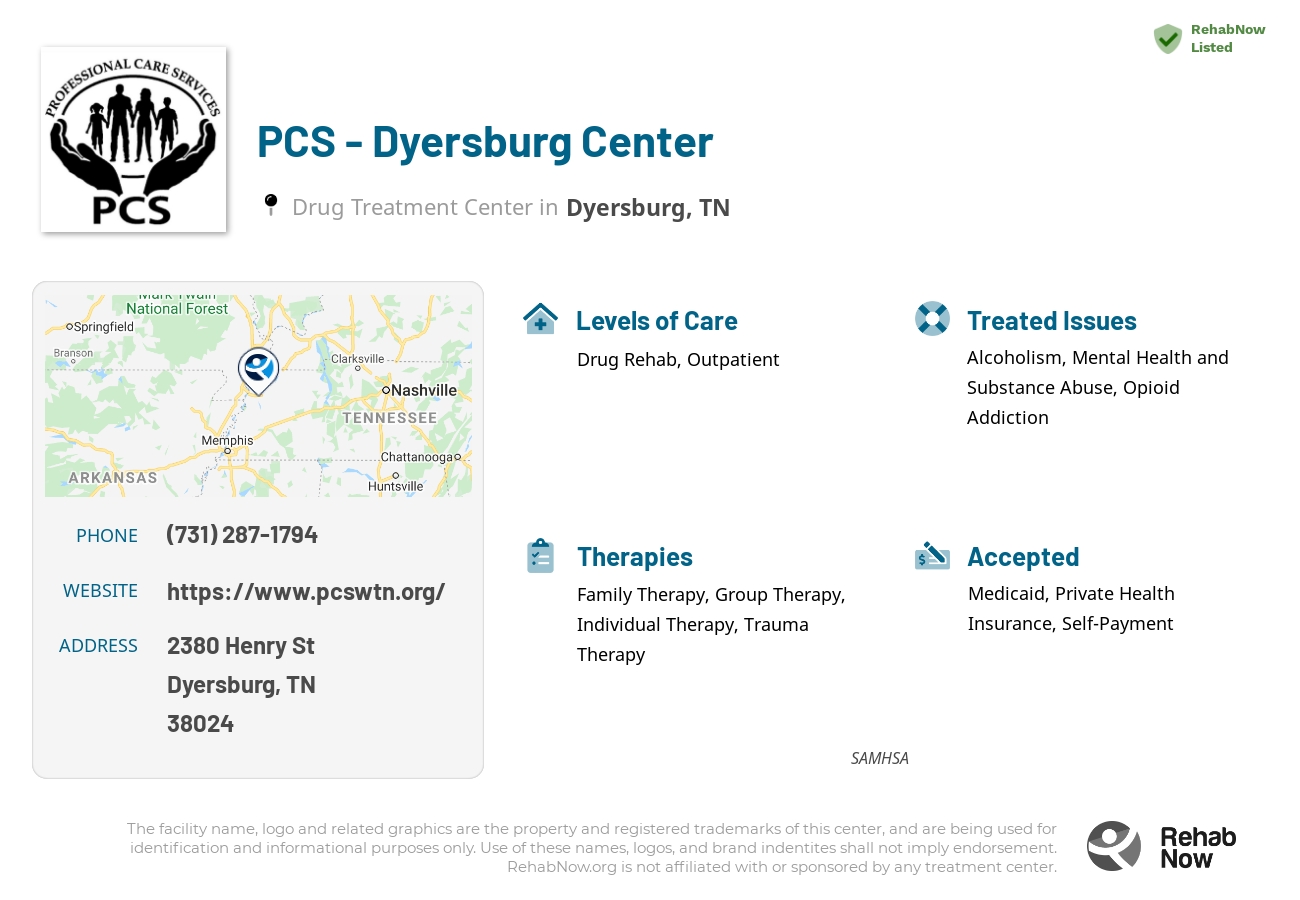 Helpful reference information for PCS - Dyersburg Center, a drug treatment center in Tennessee located at: 2380 Henry St, Dyersburg, TN 38024, including phone numbers, official website, and more. Listed briefly is an overview of Levels of Care, Therapies Offered, Issues Treated, and accepted forms of Payment Methods.