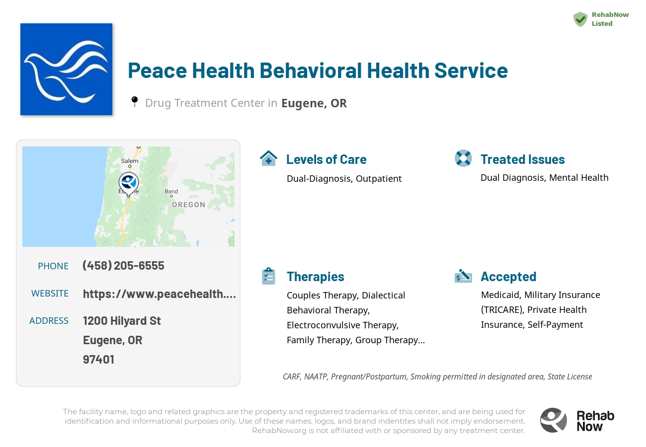 Helpful reference information for Peace Health Behavioral Health Service, a drug treatment center in Oregon located at: 1200 Hilyard St, Eugene, OR 97401, including phone numbers, official website, and more. Listed briefly is an overview of Levels of Care, Therapies Offered, Issues Treated, and accepted forms of Payment Methods.