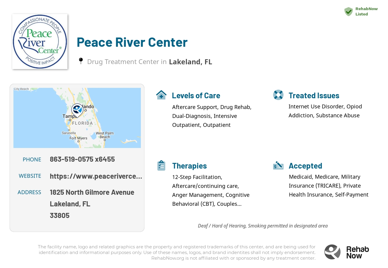 Helpful reference information for Peace River Center, a drug treatment center in Florida located at: 1825 North Gilmore Avenue, Lakeland, FL 33805, including phone numbers, official website, and more. Listed briefly is an overview of Levels of Care, Therapies Offered, Issues Treated, and accepted forms of Payment Methods.
