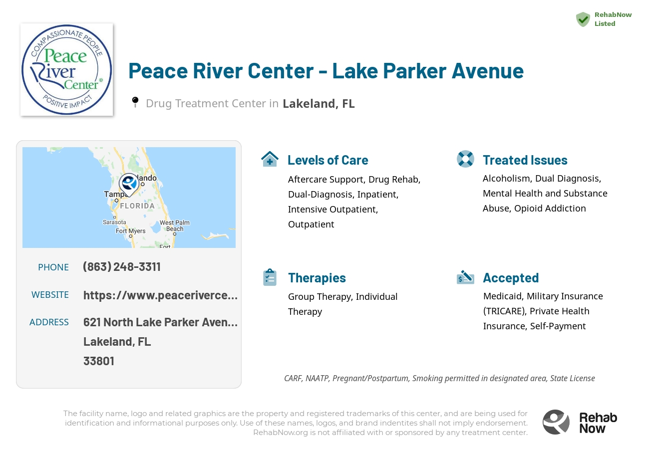 Helpful reference information for Peace River Center - Lake Parker Avenue, a drug treatment center in Florida located at: 621 North Lake Parker Avenue, Lakeland, FL, 33801, including phone numbers, official website, and more. Listed briefly is an overview of Levels of Care, Therapies Offered, Issues Treated, and accepted forms of Payment Methods.