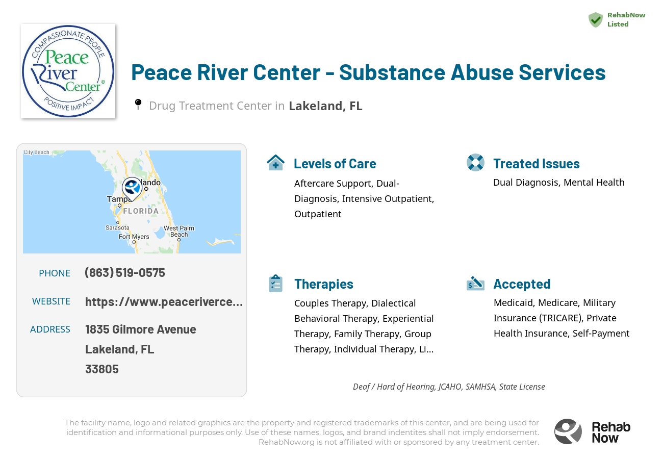 Helpful reference information for Peace River Center - Substance Abuse Services, a drug treatment center in Florida located at: 1835 Gilmore Avenue, Lakeland, FL, 33805, including phone numbers, official website, and more. Listed briefly is an overview of Levels of Care, Therapies Offered, Issues Treated, and accepted forms of Payment Methods.