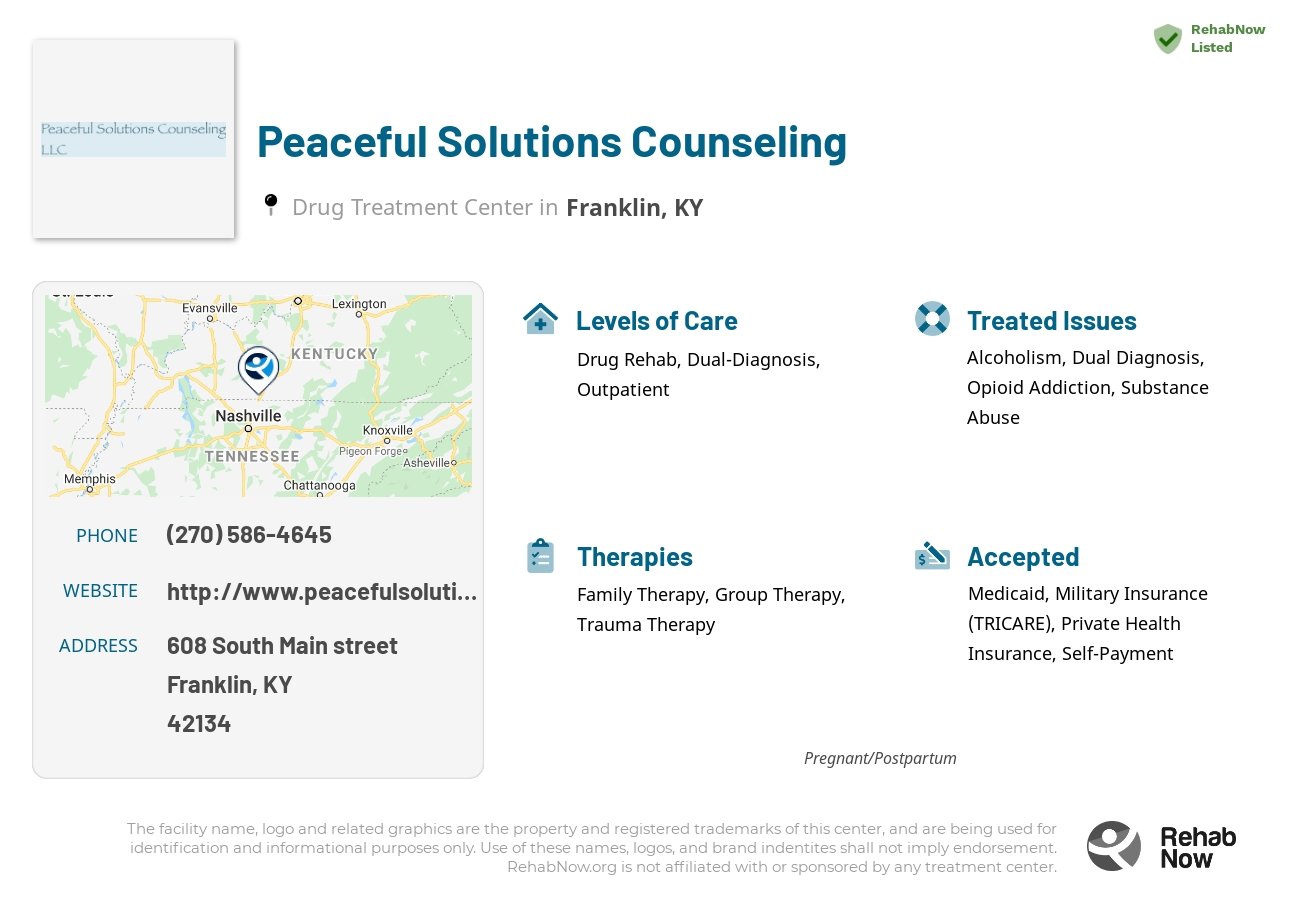 Helpful reference information for Peaceful Solutions Counseling, a drug treatment center in Kentucky located at: 608 South Main street, Franklin, KY, 42134, including phone numbers, official website, and more. Listed briefly is an overview of Levels of Care, Therapies Offered, Issues Treated, and accepted forms of Payment Methods.