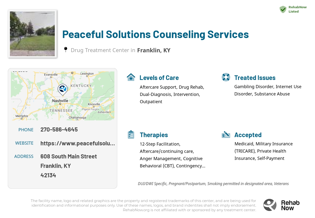 Helpful reference information for Peaceful Solutions Counseling Services, a drug treatment center in Kentucky located at: 608 South Main Street, Franklin, KY 42134, including phone numbers, official website, and more. Listed briefly is an overview of Levels of Care, Therapies Offered, Issues Treated, and accepted forms of Payment Methods.